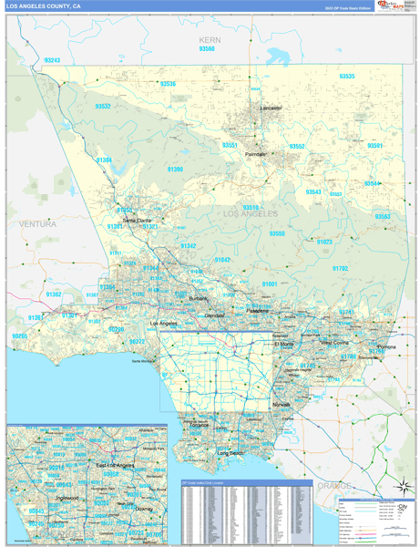 Los Angeles County, CA Zip Code Wall Map